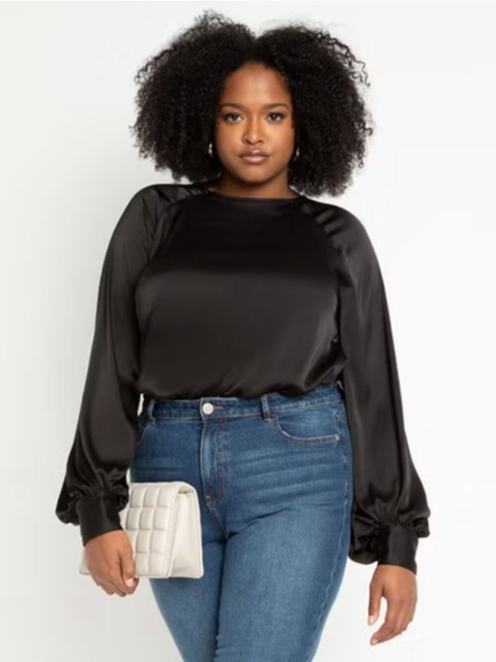 NEW Eloquii Black Satin Bishop Poet Sleeve Blouse With Tie Back Plus Size 16